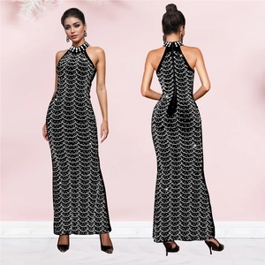 Elegante Abito Maxi con Scollo all'Americana e Strass Aderente Senza Schienale Motivo a Onde Banchetto Festa Donna Lungo in Seta di Latte
