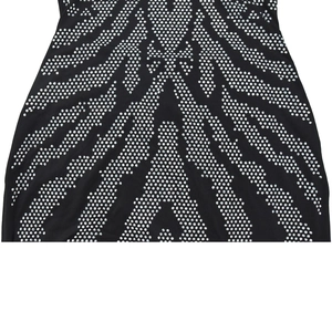 Detail shot of the rhinestone zebra pattern on this black backless bodycon dress
