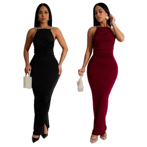 Elegant halter neck bodycon midi dress with pearl chain straps in black and wine red