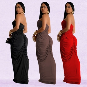 Elegant strapless ruched bodycon maxi dress in black, coffee, and red colors