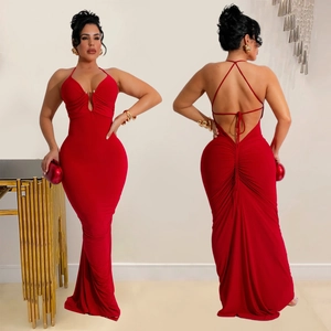 Sexy red backless halter maxi dress with deep V-neck and metal buckle detail