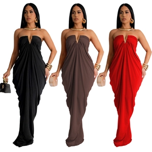 Elegant sleeveless V-neck maxi dress with metallic buckle and ruched detailing