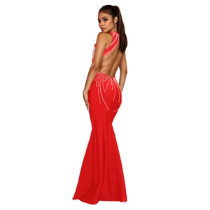 Detailed back view of a slim red mermaid gown featuring silver rhinestones and halter neck