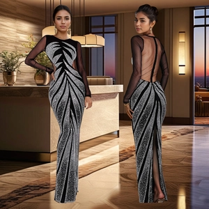 Women Sexy Mesh Long Sleeve Bodycon Evening Dress Rhinestone Backless Mermaid Maxi Dress For Party Banquet Wedding