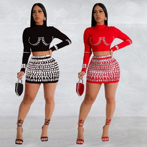 Women Sexy Rhinestone Top And Bottom Long Sleeve High Neck Crop Top Bodycon Mini Skirt Party Banquet Elegant Slim Fit Polyester Spandex