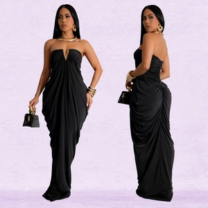 Elegant black strapless evening dress with metallic V-neck and ruched details