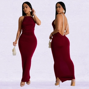 Elegant burgundy backless maxi dress with pearl straps and pleated front detail