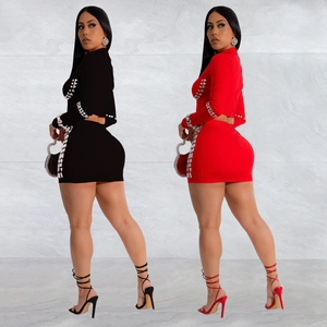 Women's sexy long sleeve two-piece party set with sparkling rhinestones in black and red