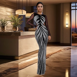 Elegant black long sleeve evening dress with sparkling rhinestones and mesh sleeves