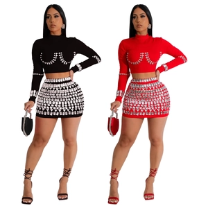 Women's sexy rhinestone long sleeve crop top and bodycon mini skirt two-piece set