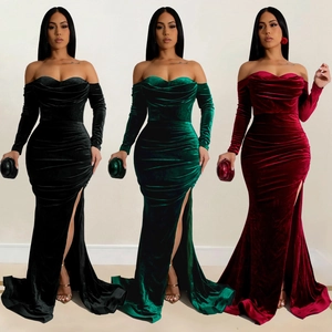Abito da Sera Donna in Velluto Senza Spalle Sexy Increspato Con Spacco Alto Manica Lunga Vestibilità Aderente Sirena per Festa Matrimonio