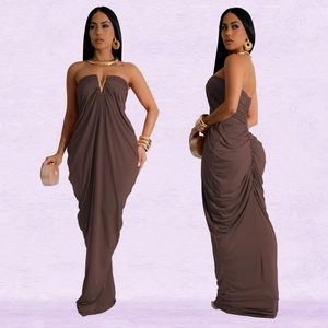 Solid color V-neck evening dress with gold metal hardware and elegant draped pleats