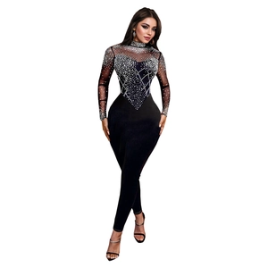 Detail of black mesh jumpsuit featuring intricate silver rhinestones and long sleeves