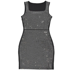 Close-up of the dense square silver rhinestone grid pattern on a black bodycon dress