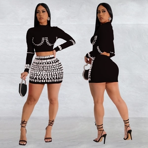 Women's black bodycon two-piece set with rhinestone accents and long sleeves for party wear
