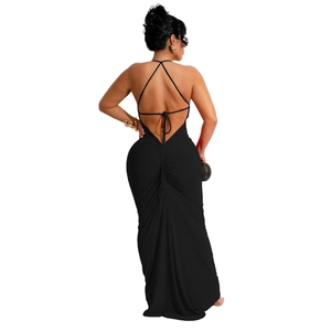 Detail of ruched texture and sexy backless design on this long black bodycon dress