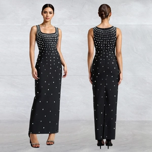 Women Elegant Bodycon Maxi Dress Rhinestone U-Neck Sleeveless Black Evening Gown For Banquet Wedding Party Lady Dress
