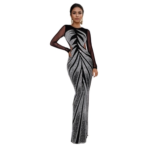 Elegant black long sleeve bodycon dress with sheer mesh panels and sparkling rhinestones
