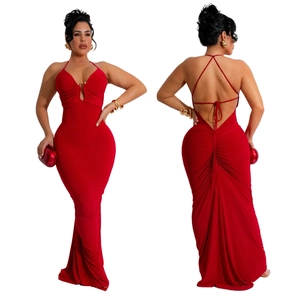 Front and back view of a slim fit red evening gown with deep V-neck and ruched back detail