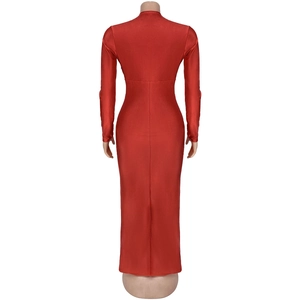 Rear view detail of a slim-fit red long-sleeved dress with metallic satin texture