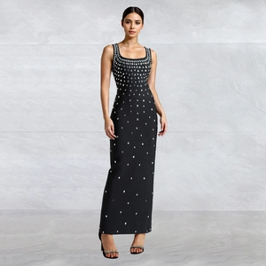 Elegant black bodycon dress with sparkling rhinestones and a square neckline for women