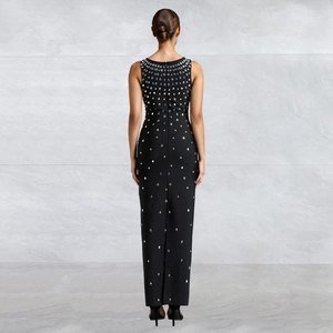 Elegant back view of black sleeveless bodycon dress with sparkling rhinestones decoration
