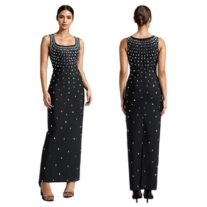 Elegant sleeveless black bodycon maxi dress with shimmering silver rhinestone accents