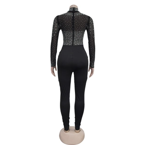 Back view of mesh jumpsuit with rhinestones and long sleeves on a mannequin