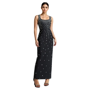 Elegant black rhinestone bodycon dress with square neck and sleeveless party design