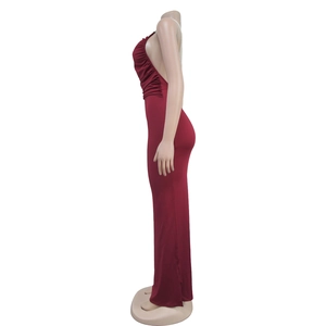 Detail of burgundy backless maxi dress with pearl halter neck and side ruching
