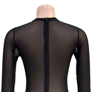 Detail showing the back zipper closure on this sheer black mesh long sleeve mini dress