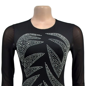 Detail of rhinestone leaf pattern on black bodycon dress with sheer mesh long sleeves