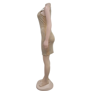 Side view detail of khaki bodycon mini dress with sparkling silver square rhinestones