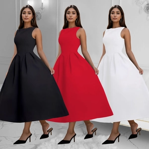 Women Elegant Backless Sleeveless Maxi Dress French Vintage Round Neck High Waist Flared A-Line Party Wedding Long Dress