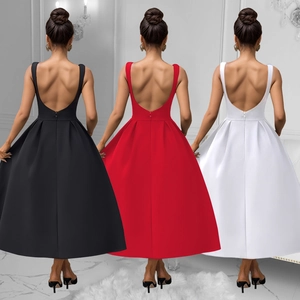 Elegant backless French vintage sleeveless midi dress in black, red and white colors