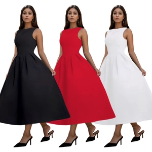 Elegant sleeveless midi dress with pleated flare hem in black red and white colors