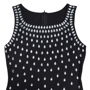 Detail of teardrop rhinestones on the neckline of a black sleeveless bodycon dress