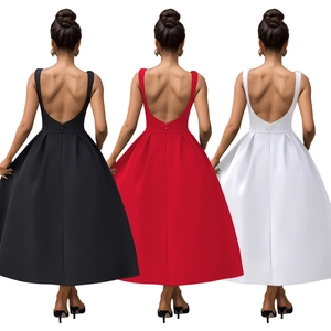 Back view of backless sleeveless midi dresses in black red and white satin fabric