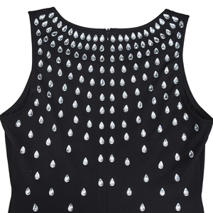 Detail of black rhinestone U-neck sleeveless bodycon dress with sparkling accents