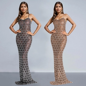 Women Sexy Spaghetti Strap Rhinestone Bodycon Maxi Dress Mesh See Through Diamond Lattice Evening Banquet Party Dress