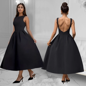 French vintage backless black sleeveless maxi dress with a full skirt and satin finish