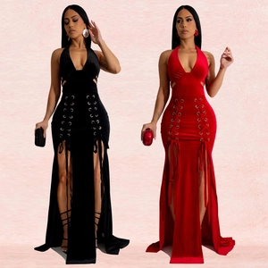 Robe Maxi Sexy pour Femmes Cou Halter Velours Col en V Ajouré Lacé Fente Haute Bodycon Robe de Soirée