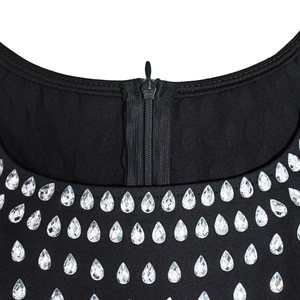 Detail of rhinestone neckline and back zipper on black bodycon dress for women