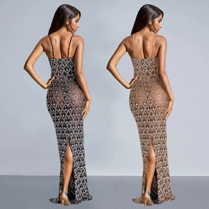Sexy rhinestone bodycon mesh maxi dress with spaghetti straps and split hem in two colors