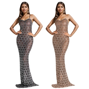 Sexy rhinestone strap bodycon maxi dress in black and nude brown mesh fabric