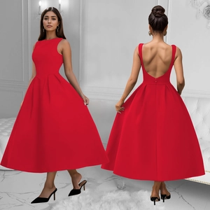 Elegant red backless sleeveless A-line evening dress with deep U-shape open back and pleated hem