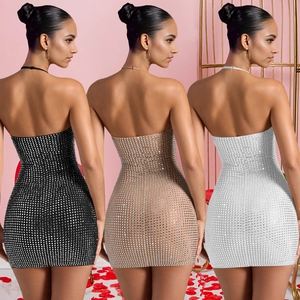 Sexy halter bodycon mini dress with rhinestones shown in black, white and champagne colors