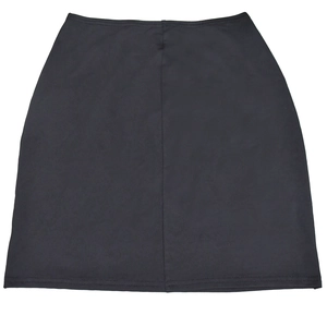 Close-up of black A-line skirt featuring central vertical seam and double-stitch hem details