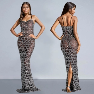 Sexy black mesh maxi dress with silver rhinestones and slender straps for women
