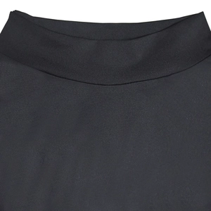 Detail shot showing the high-collar neckline and elastic knit texture of this black dress